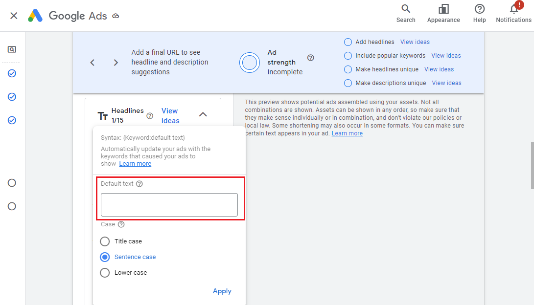 وارد کردن متن پیش فرض در هدلاین